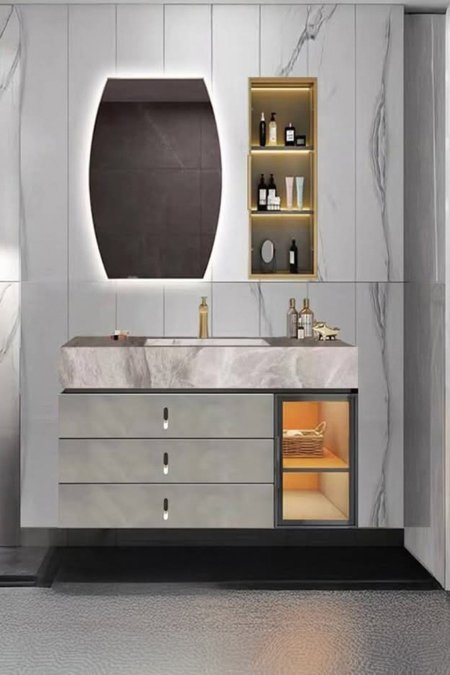 مغسلة بورسلان رخامي بتصميم فاخر مع خزانة معلّقة وإضاءة داخلية – مع مرآة LED